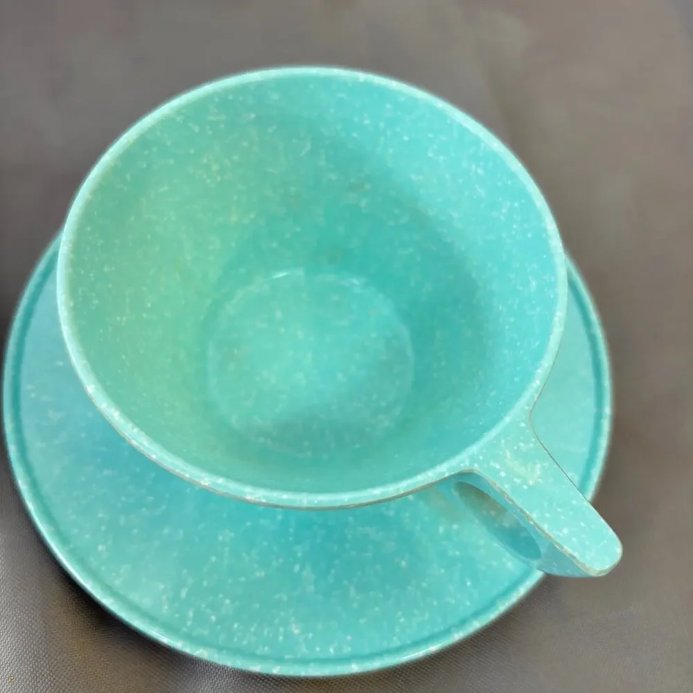 Texas Ware Melamine Cup W/ Saucer Set of 2 Turquoise Blue W/ White Speckles